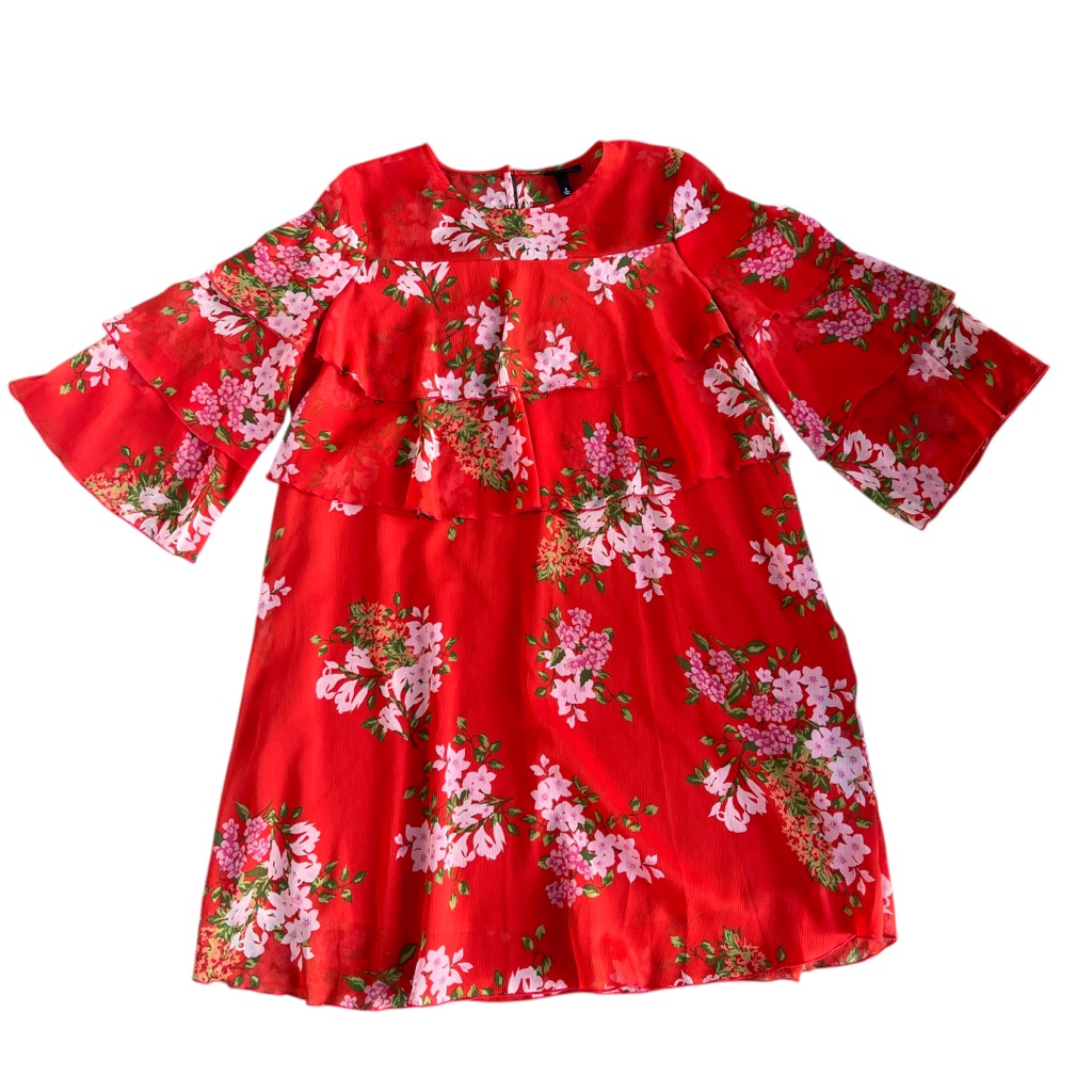Who What Wear Red Floral Bell Sleeve Ruffle Mini Dress Boho Small